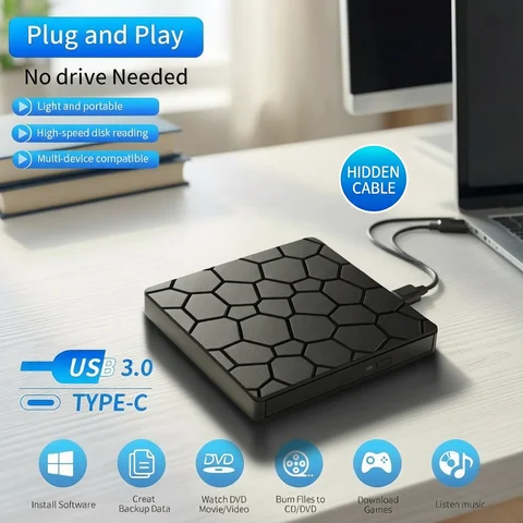 Lecteur/graveur de DVD externe 2-en-1 mince USB 3.0 Type C pour ordinateur portable et PC