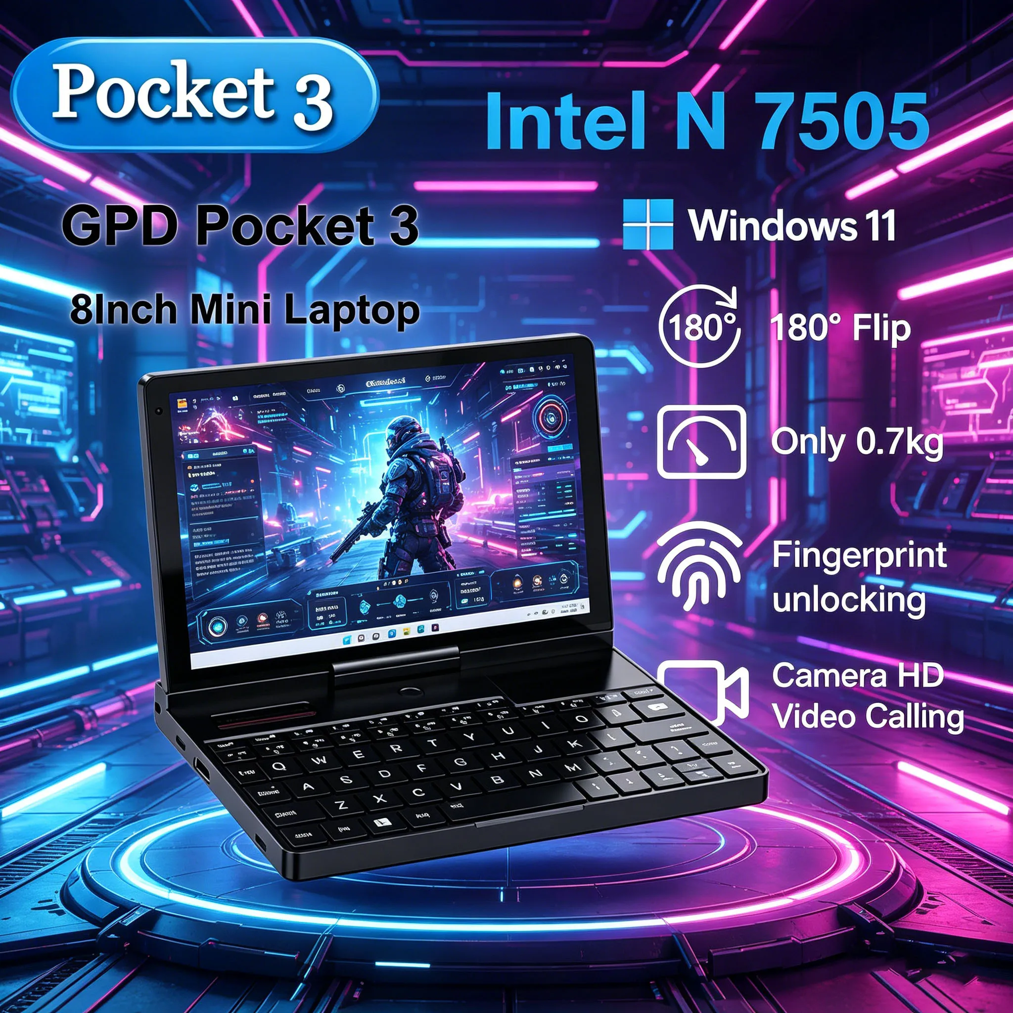 

Thunder Dynamic GPD Pocket 3 Mini Laptop 8Inch Intel Gold 7505 Notebook 16GB 512GB SSD Modular Full-featured Handheld Windows11