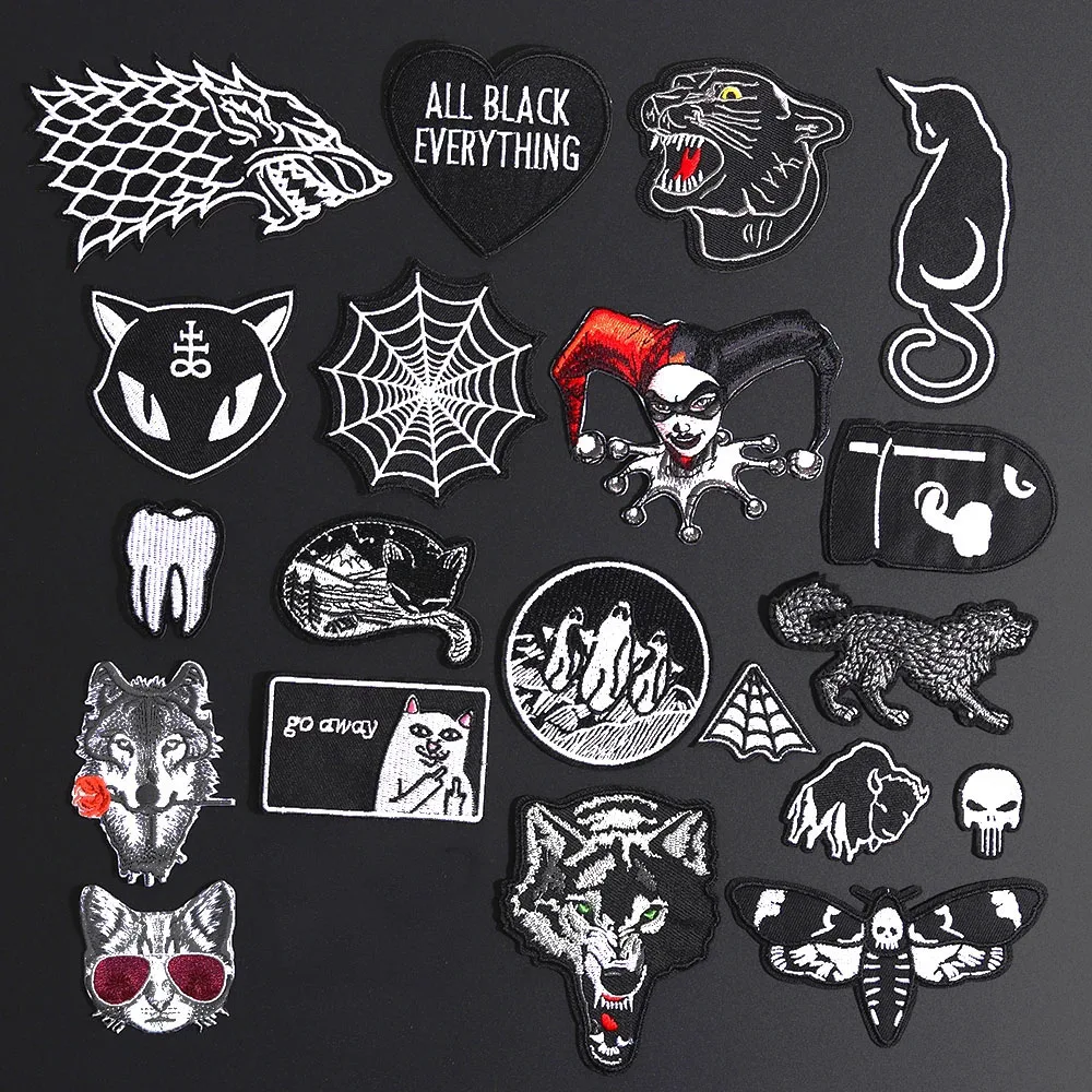 Fine Wolf Leopard Spider Web Patches Black Animal Pokers Rose Wolf Cat Appliques Iron On Bullet Tooth Clothes Jeans Badges