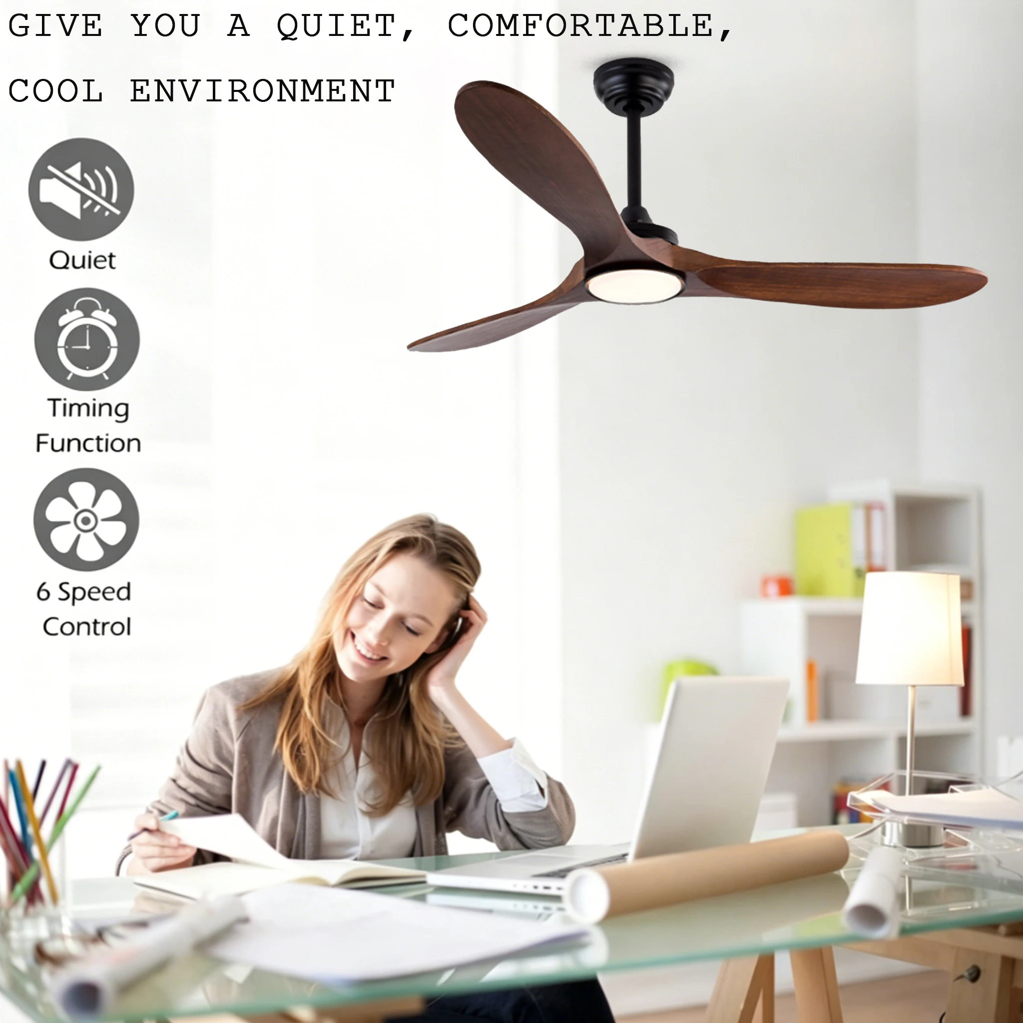 52/60 Inch Ceiling Fan with Light 85-265V Wooden Ceiling Fans Remote Control Decorative Blower Retro Large Fans