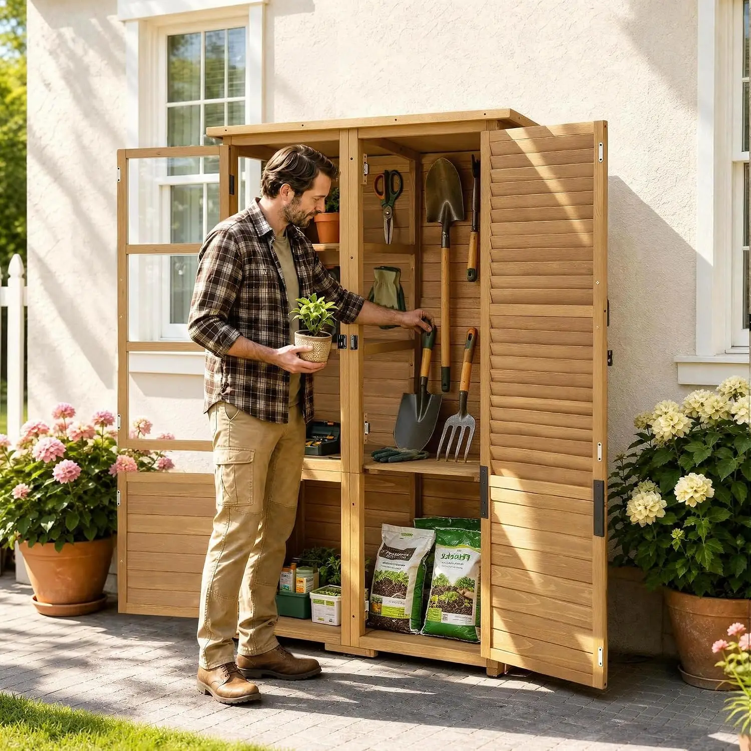 Outdoor Storage Cabinet 30 Cu.Ft Waterproof Tool Shed with 4 Shelves & Lockable Door for Garden Yard Patio, Customized