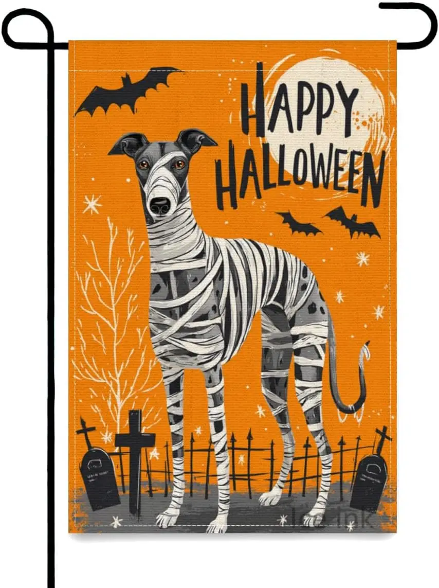 Ice Ink Happy Halloween Greyhound Garden Flag 12x18 Double Sided for Outside Animal Fall Autumn Small Burlap Linen Yard Flag AAO