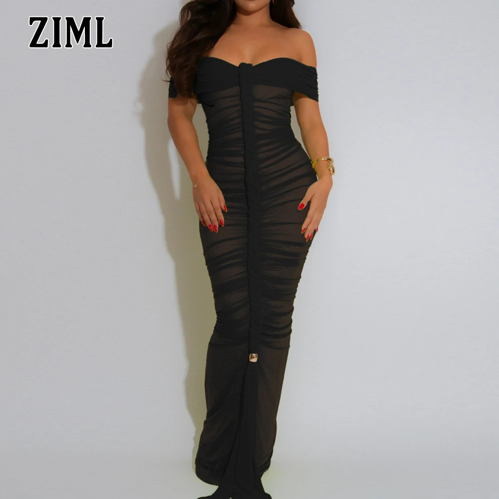 

ZIML Solid Sexy Temperament Dress for Women Slash Neck Off The Shouder Sleeve High Waist spliced Fold Elegant Dresses Female New