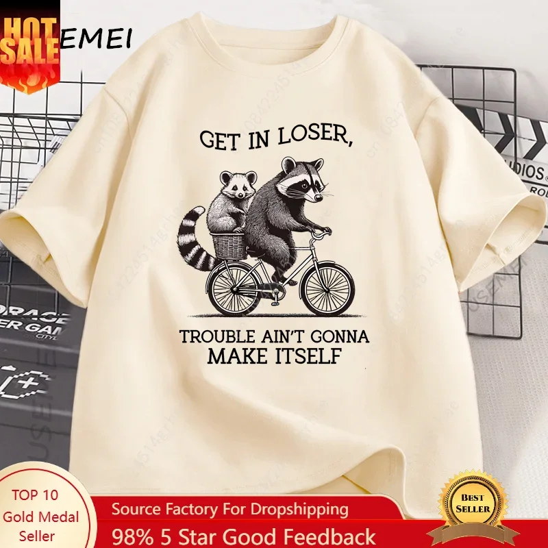 Футболка Get in Loser с забавным принтом енота, хлопковая, с коротким рукавом, повседневная, свободного кроя, оверсайз, хлопковая одежда, топы