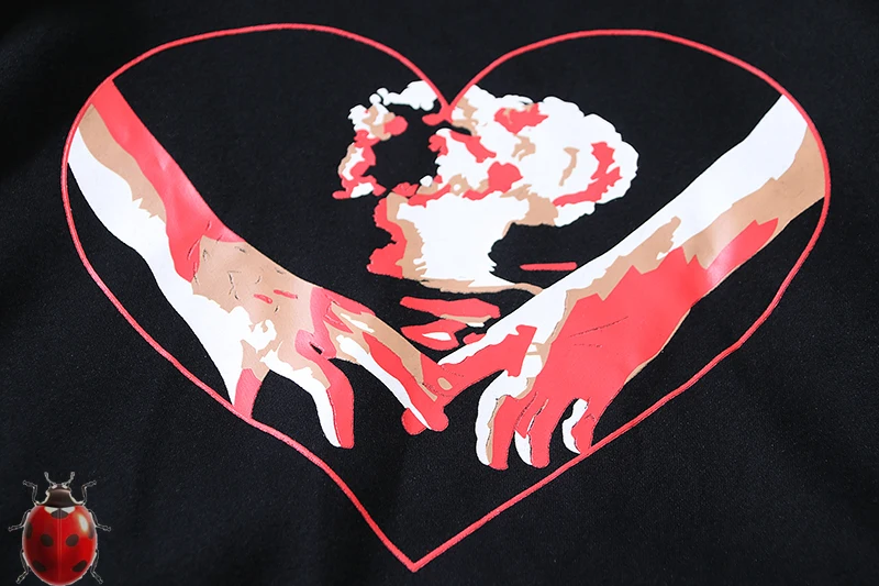 Double Hand in Hand Love Heart Mushroom Cloud Print Men Women Fleece Hooded Hoodies Black Kanye Loose Fit Casual Pullovers Y2k
