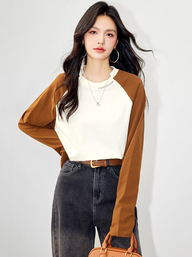 

Simple Contrast Color Raglan Sleeves T-shirt Long Sleeves Tops Autumn Women's Loose T-shirt Fashion Commuting O-Neck Casual Tops