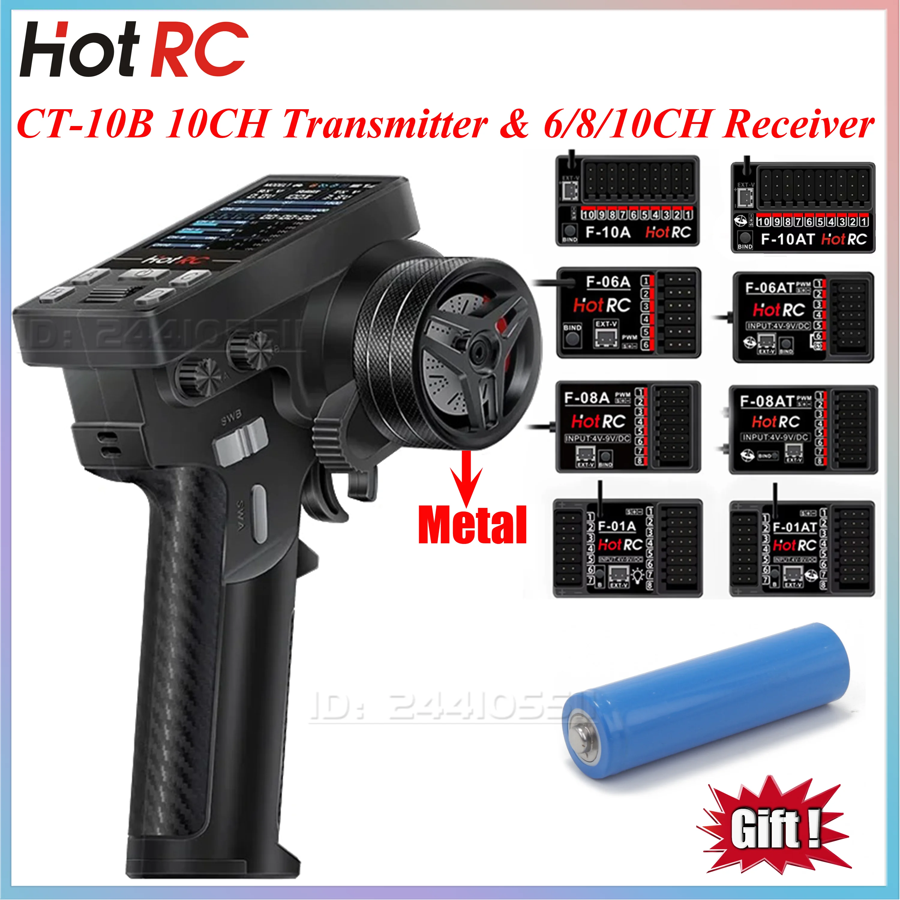 HotRC CT10B 10CH Channel Transmitter CT-10B 2.4G Remote Control 18650 Battery F-10A F-01A 6/8/10CH Gyro Receiver for RC Car Boat