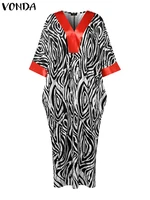 Plus Size 5XL VONDA Women Vintage Maxi Dresses Flare Sleeve Satin Sundress V-Neck Printing Patchwork Long Vestidos Party Robe - Image 4