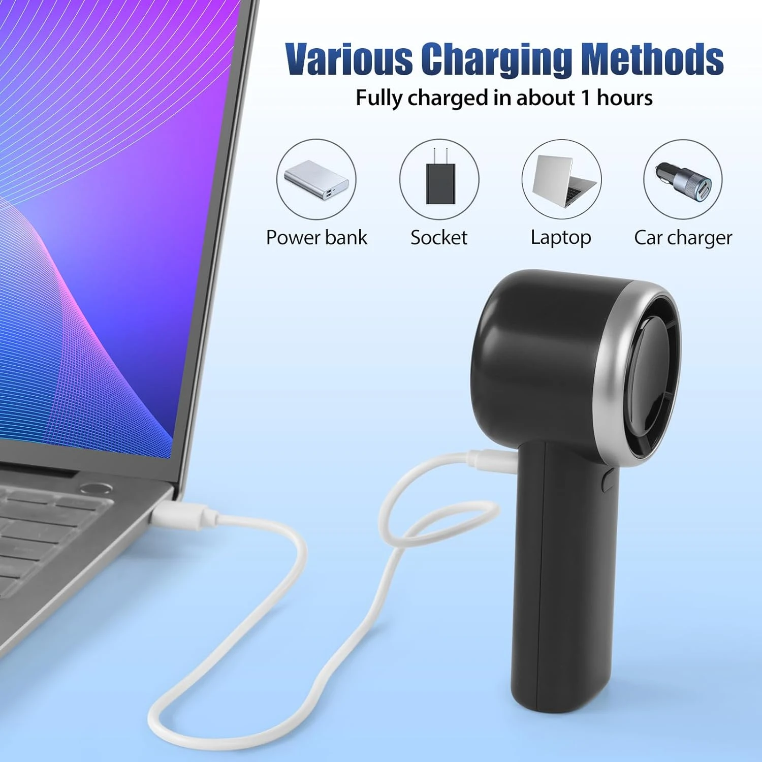 Ventilador compacto elegante y moderno para refrigeración en movimiento. |   Diseño liviano y portátil para un fácil transporte. |   Personaliza el flujo de aire con