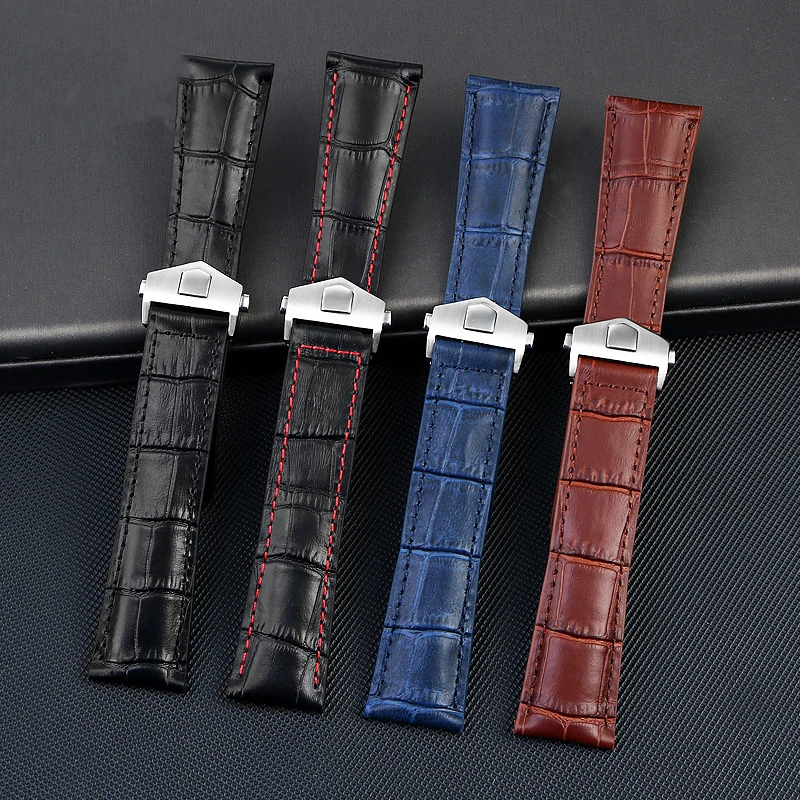 Fold Buckle Cowhide Alligator Strap  for Tag Heuer Watchband Men Wristwatches Band  Genuine Leather Bracelet 19mm 20mm 22mm