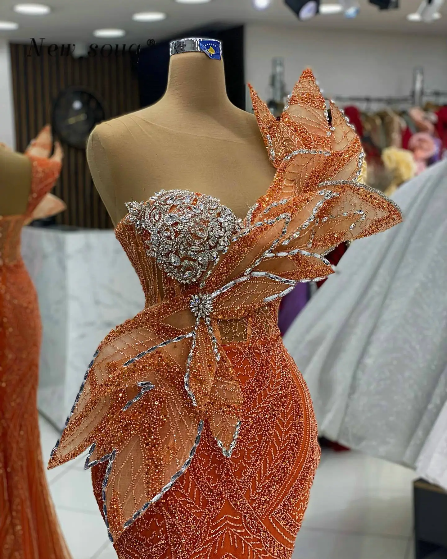 Arabic Orange 3D Leaf Designs Long Mermaid Evening Dresses with Slit Crystals Beaded Women Formal Party Wear Wedding Guest Gowns