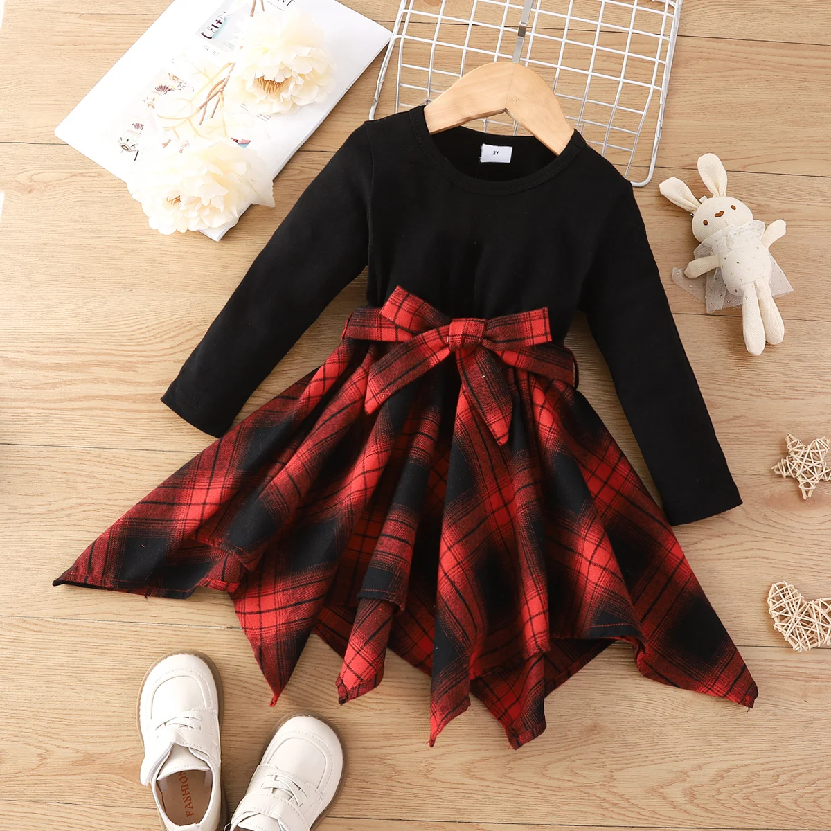 

Toddler Girl Plaid Irregular Hem Splice Long-sleeve Dress
