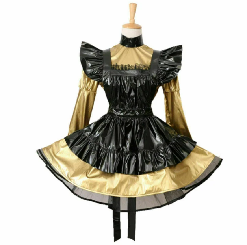 

Sissy girl lockable maid gold PVC Dress Uniform Costume Fake woman