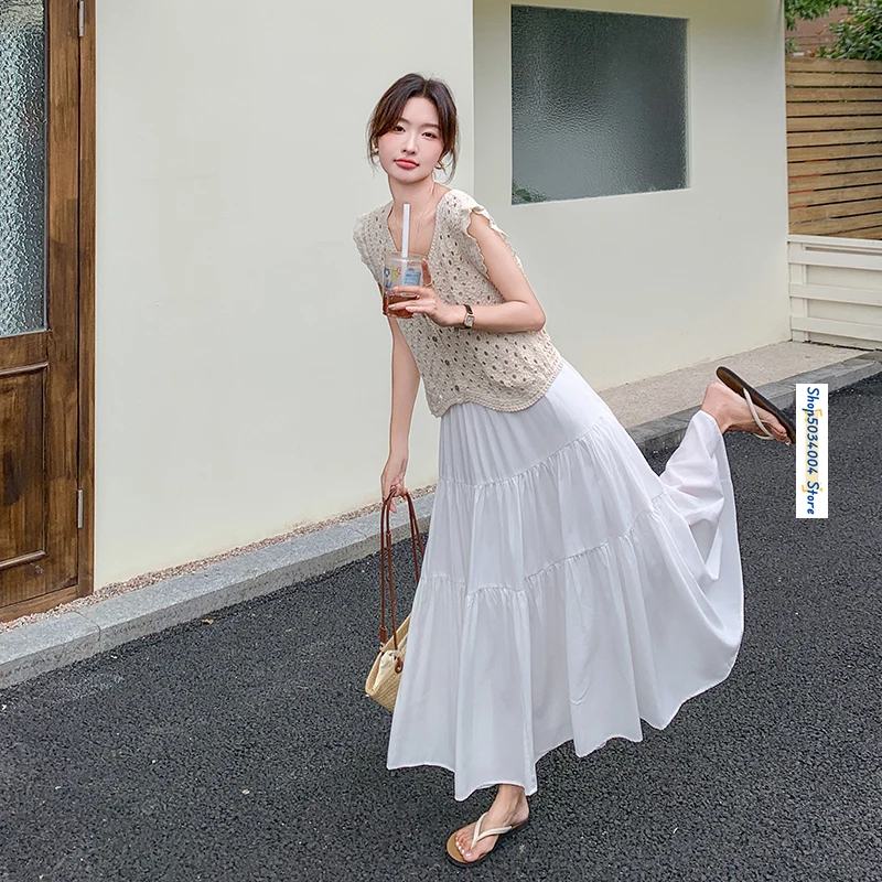 Hollow Hook Flower Sleeveless Vest Cardigan Tops White A-line Long Skirt Two Piece Sets Womens Outfits 2024 Summer Elegant 0008