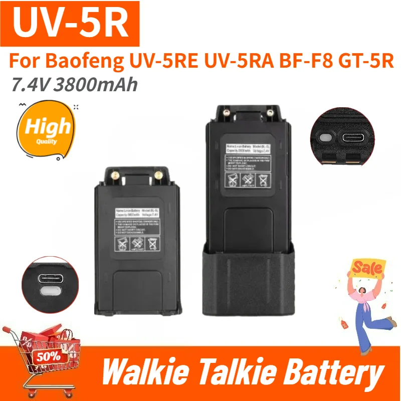 High Quality UV-5R 7.4V 3800mAh Walkie Talkie Battery with Type-C Charging for Baofeng UV-5RE UV-5RA BF-F8 GT-5R Brand New