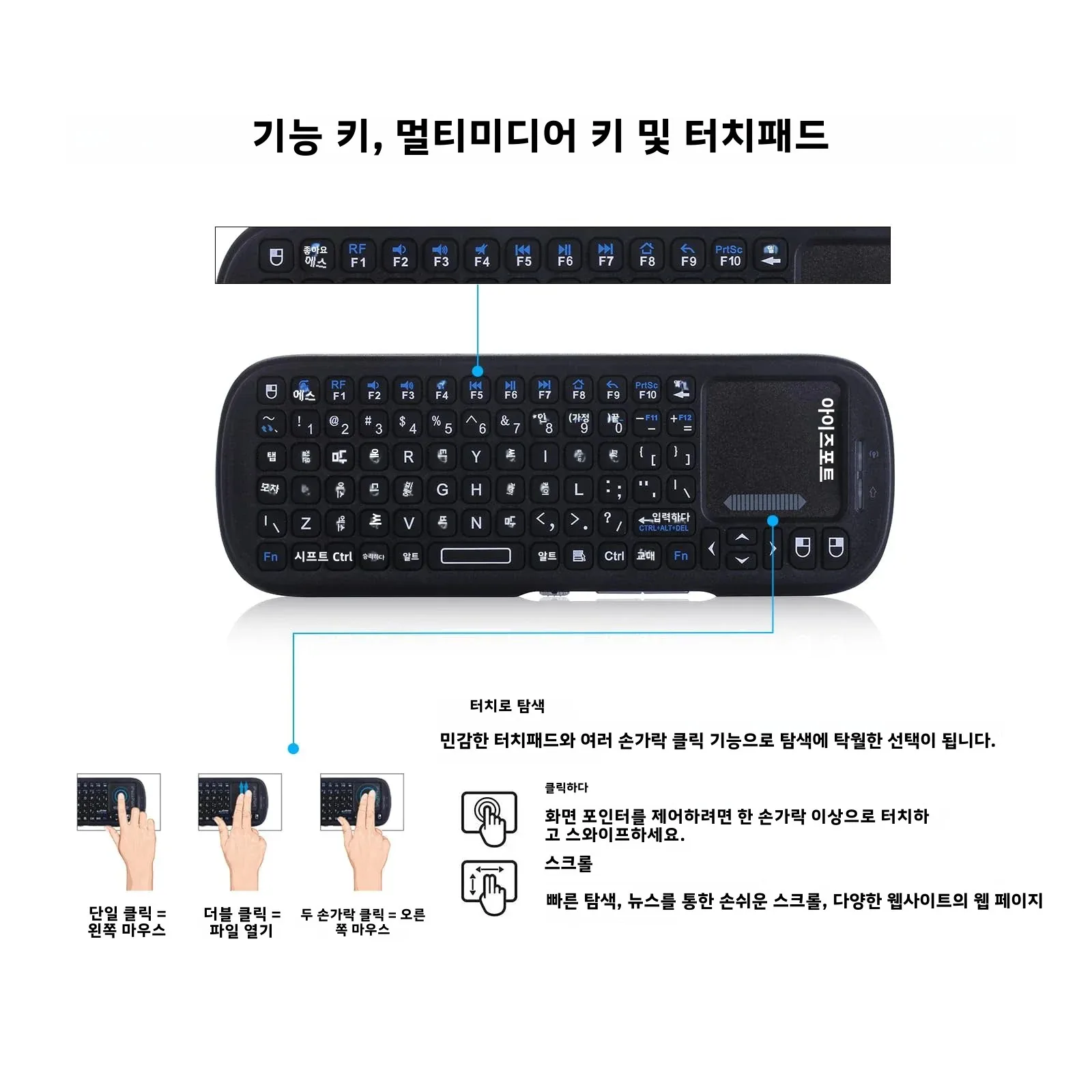 IPazzPort 미니 블루투스 및 2.4GHz 무선 키보드(안드로이드 TV 박스/PC/태블릿/PS4/라즈베리 파이 3/HT용 터치패드 마우스 콤보 포함) 썸네일 3
