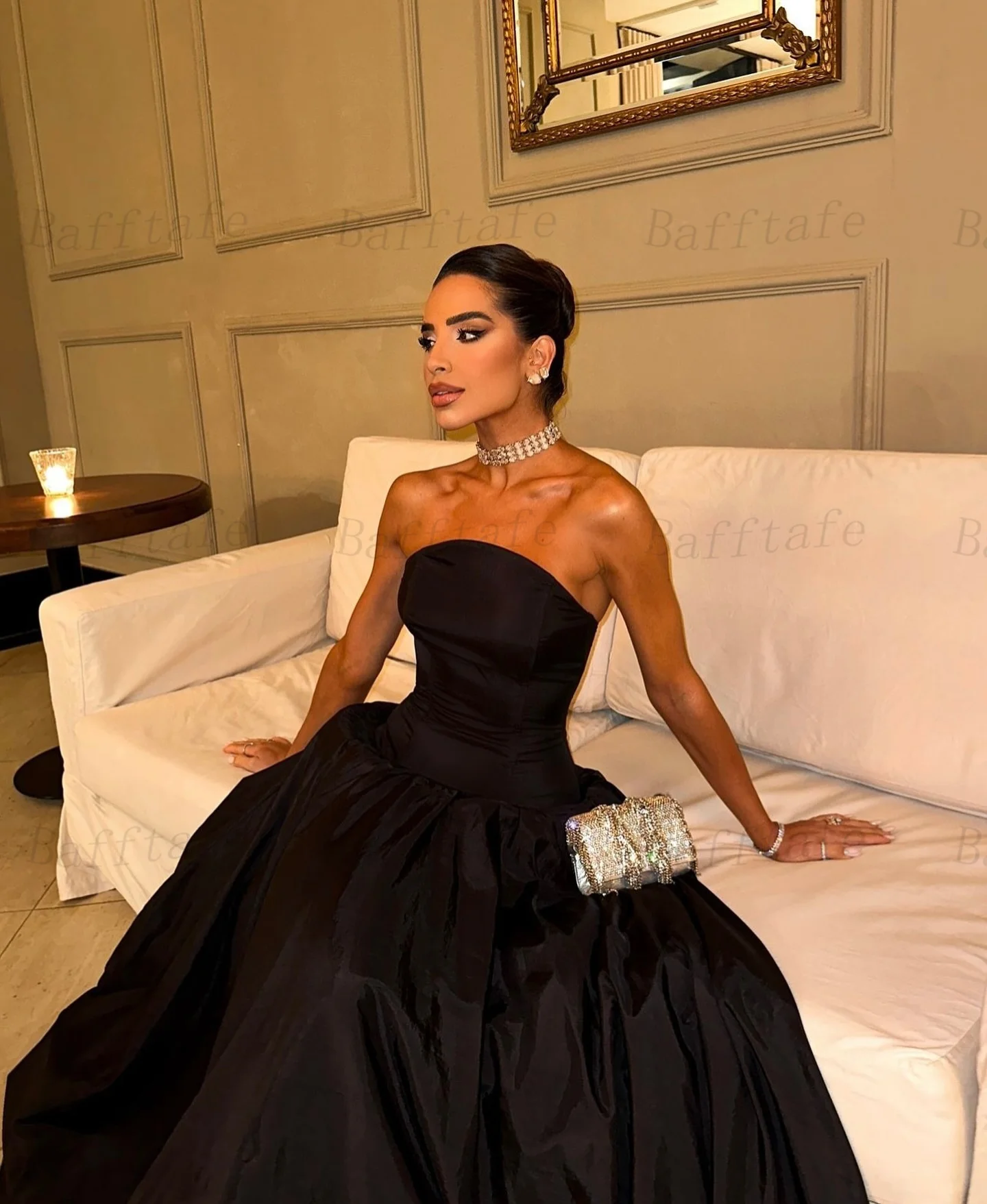 Bafftafe Customized Black Satin Prom Dresses A Line High Low Strapless Women Party Evening Gowns Formal Specail Occasion Dress