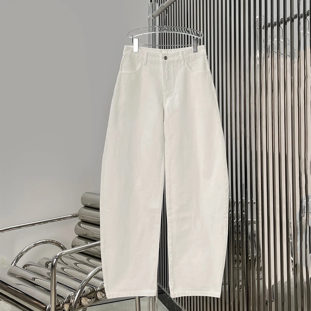 Women 100% Cotton White Barrel Jeans High Waist Baggy Wide Leg Pants Casual Loose Trousers Streetwear 2026 New Y2k
