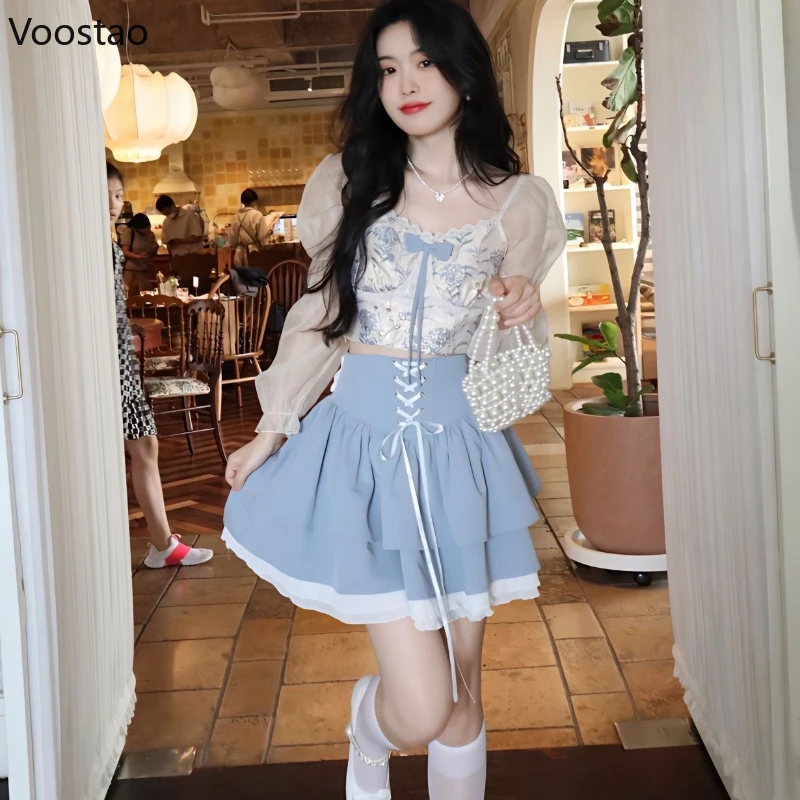 

France Sweet Lolita Style Skirt Set Women Y2k Bow Square Collar Puff Sleeve Blouse Crop Tops Cake Mini Skirt Female Elegant Suit