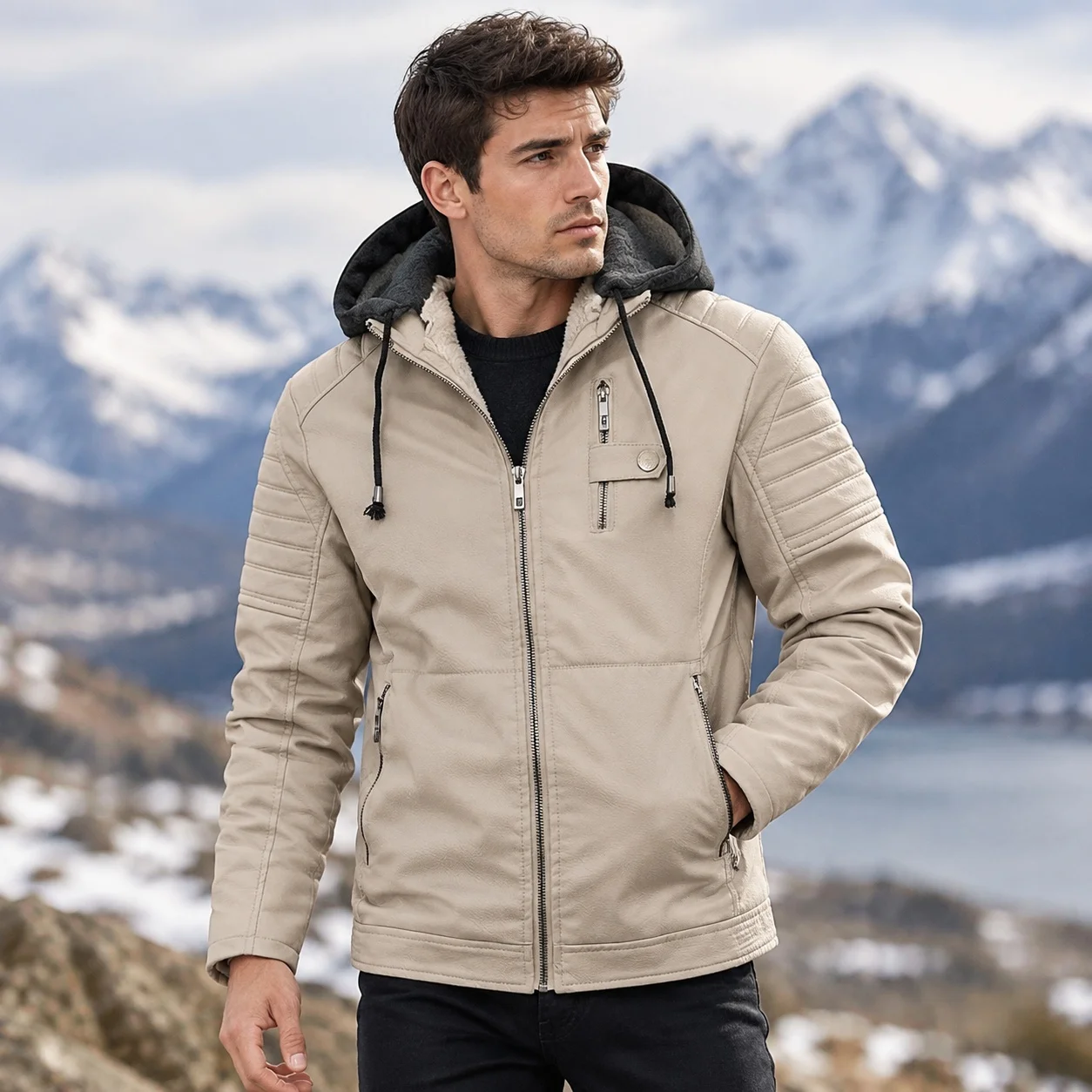 Hooded Jacket Zipper Closure Regular Length Retro with Warmth Retention Multiple Pockets Wrinkle Resistant Finish Winter for Men