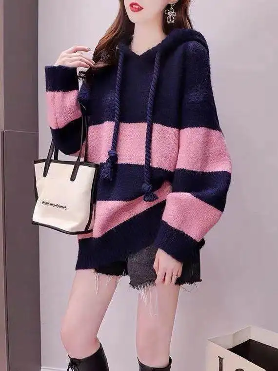 Loose Women's Hoodie Knitted Sweater Autumn Winter Color Block Stylish Anti-Aging Trendy Elastic Regular Fit Long Sleeve