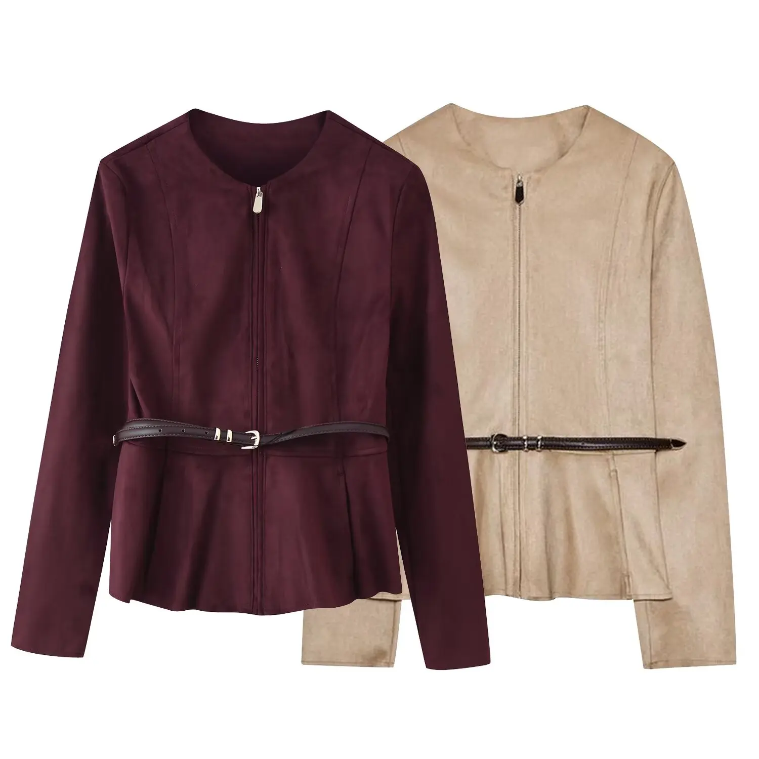 

Women's new jacket jacket round neck long sleeves with zipper access control women's belted reverse velvet short skirt hem jacke