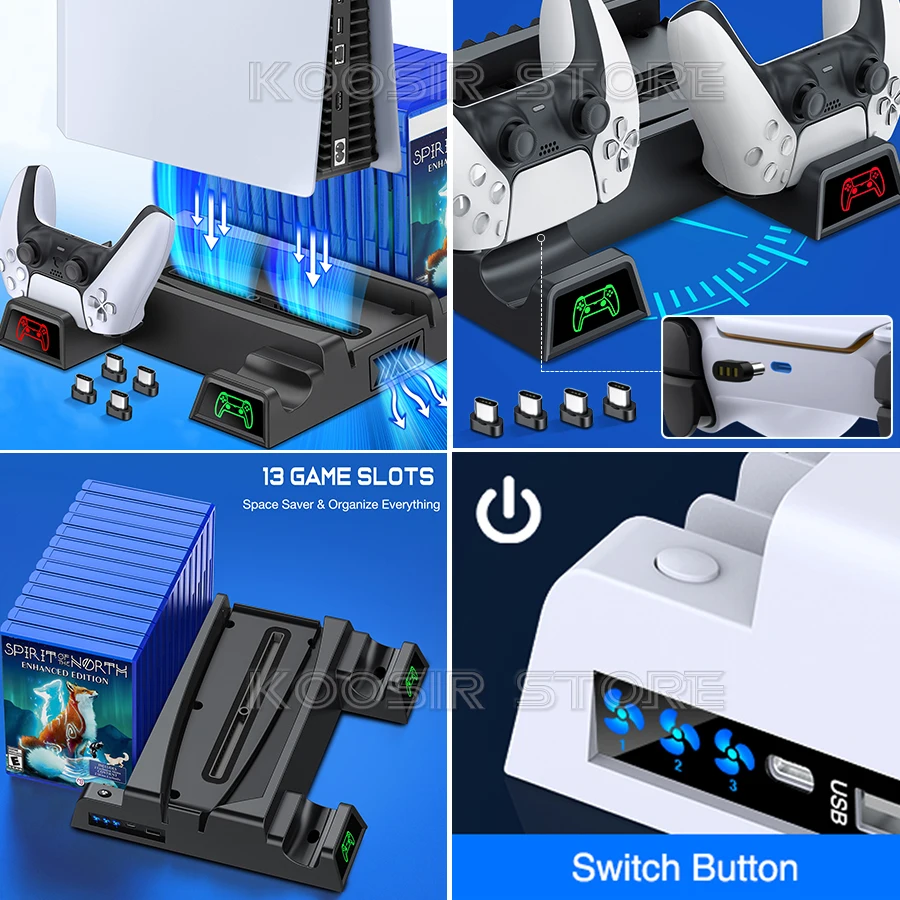 Newest PS5 Vertical Stand 2 Controller Charging Base 2 Cooling Fan For Sony Playstation 5 Play Station PS 5 Console Accessories