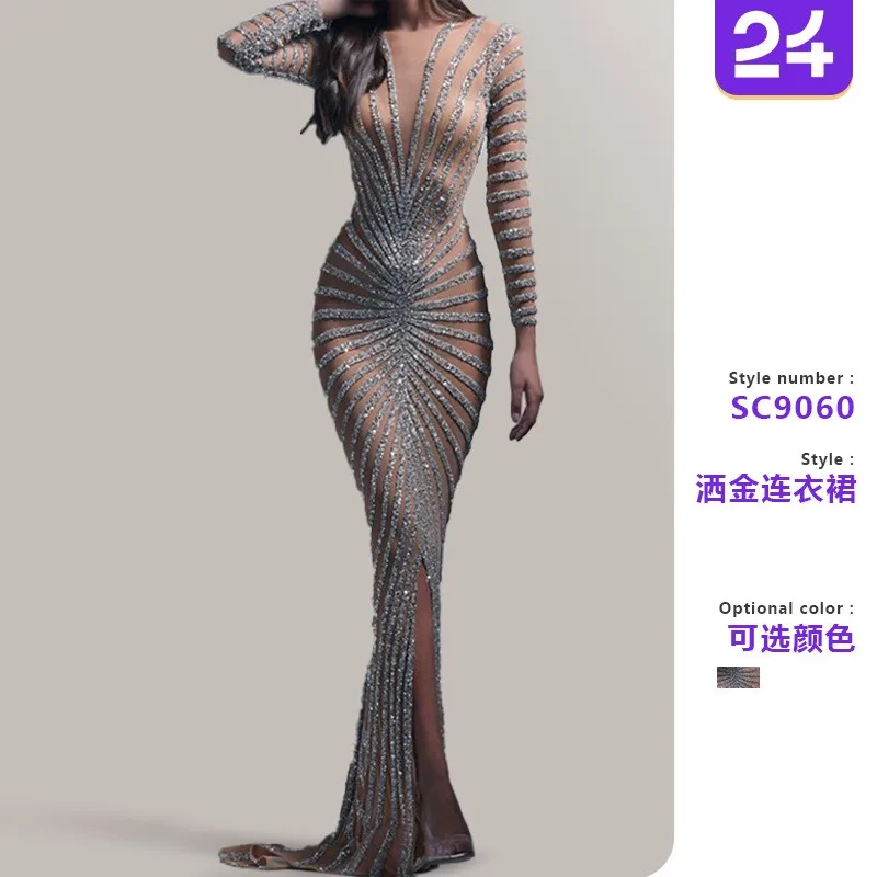 Women Elegant Long Sequin Slim Fit Dress with Round Neck Long Sleeve Mesh Mid Waist for Wedding Guest Prom Party Wedding Party