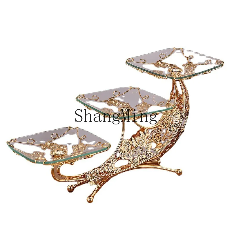 

PYH wrought iron glass pattern fruit plate multi-layer household creative high-end living room tea table snack plate cake plate