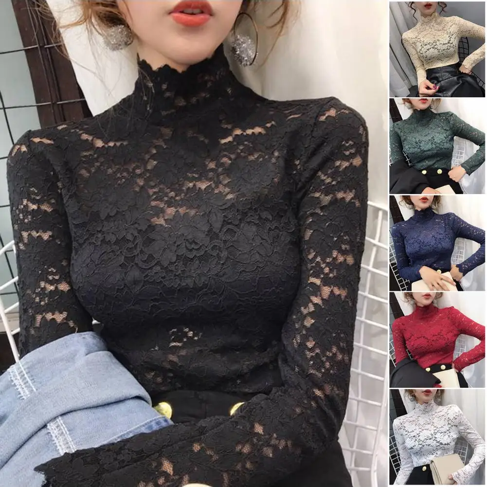 Half High Collar Long Sleeves See-Through Autumn Top Slim Lace Crochet Patchwork Hollow Tee Top Streetwear Turtleneck Slim Fit