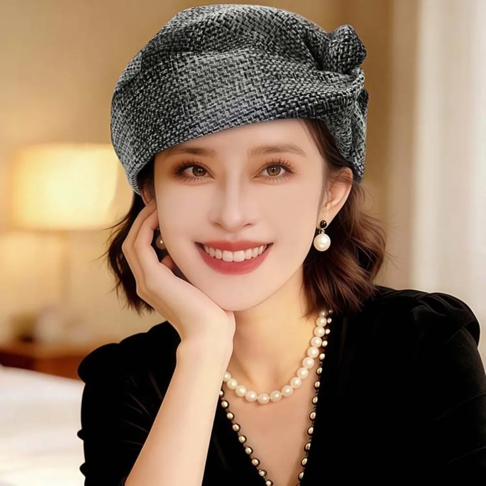

Contrast Color Mom Plaid Beret Cap British Style Knitted Bow Twisted Hat Acrylic Fibers Big Head Circumference Wool Painter Cap