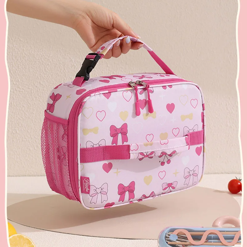 Niedliche, rosa Schleifen-Lunchtasche für Kinder – wärmeisolierende und kühlende Tasche – tragbare Handtasche – für den Schulgebrauch. – Detail 1