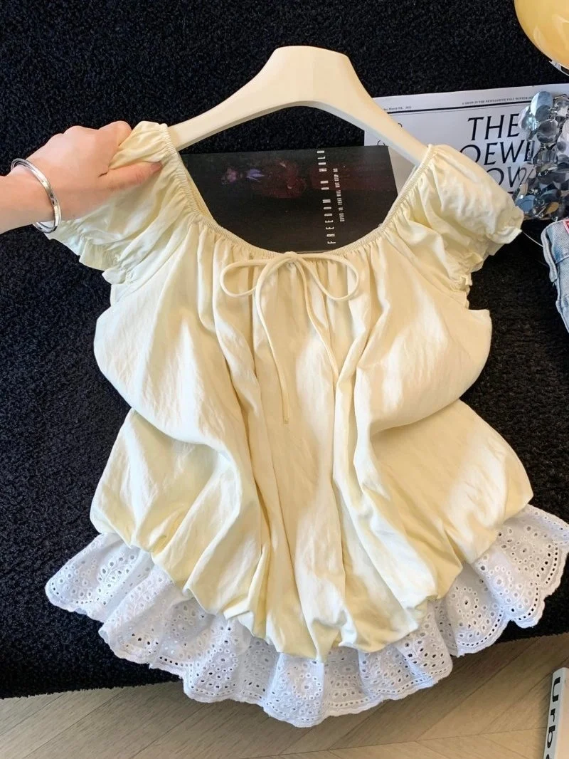 

Sweet Lace Splice Fake Two-Piece Shirt Women Summer 2026 New Bow Tie Stylish Youthful Short Sleeve Top Girls Fashion