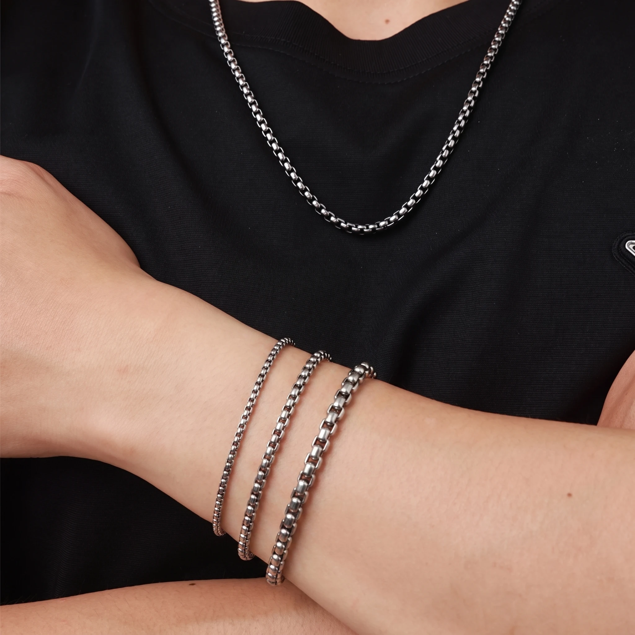 Unisex Edelstahl-Kastenkettengliederarmband für Männer und Frauen, 2 mm, 2,5 mm, 3 mm breit, venezianische Gliederkette, Armband, Schmuck, 15 cm, 18 cm, 20 cm