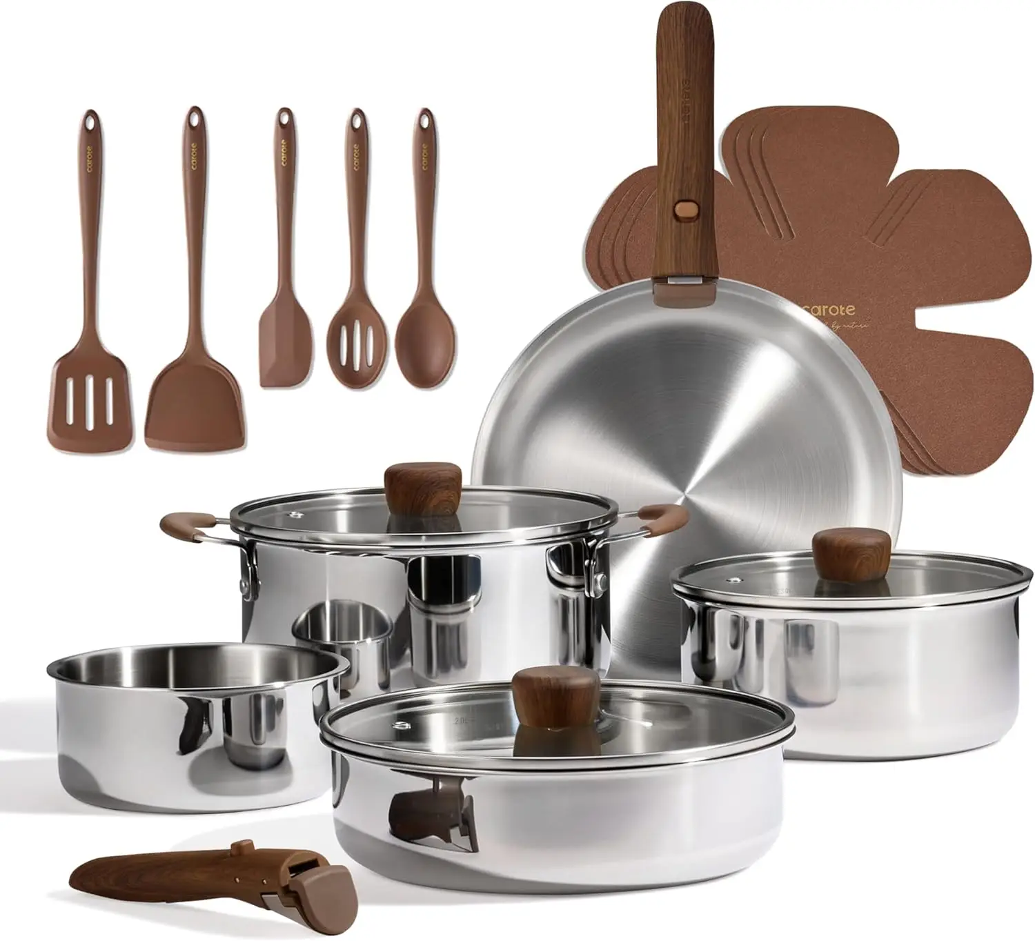 

19pcs Stainless Steel Cookware Set with Detachable Handle, Pots and Pans Set, Induction Kitchen Cooking Sets, RV/Camping Cookwar