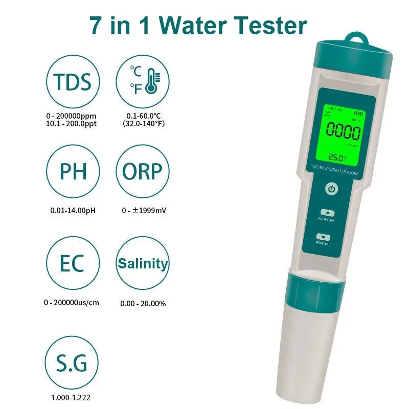 

COM-600 7 in 1 PH TDS EC ORP Salinity S. G Temp Meter Water Quality Monitor Tester IP67 for Drinking Water, Aquariums PH Meter