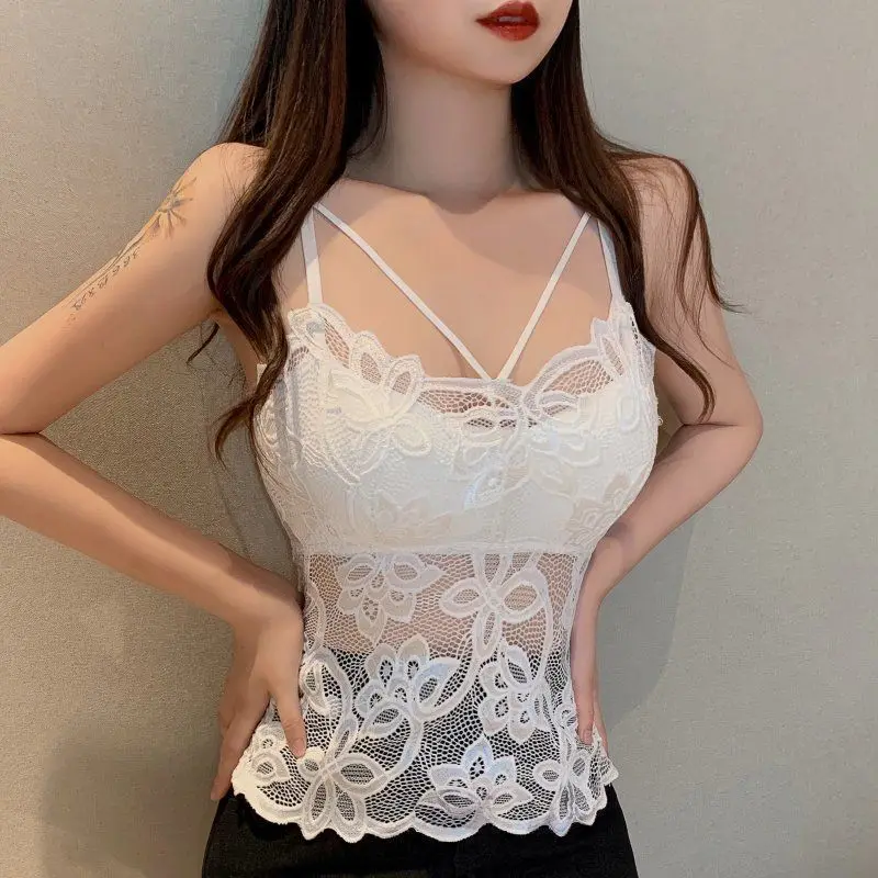 Lingerie seksi renda atasan tabung dua potong pakaian wanita tren Bustier Bra bantalan Bandesu Crop Top Tank Top atasan bawah Putih Hitam