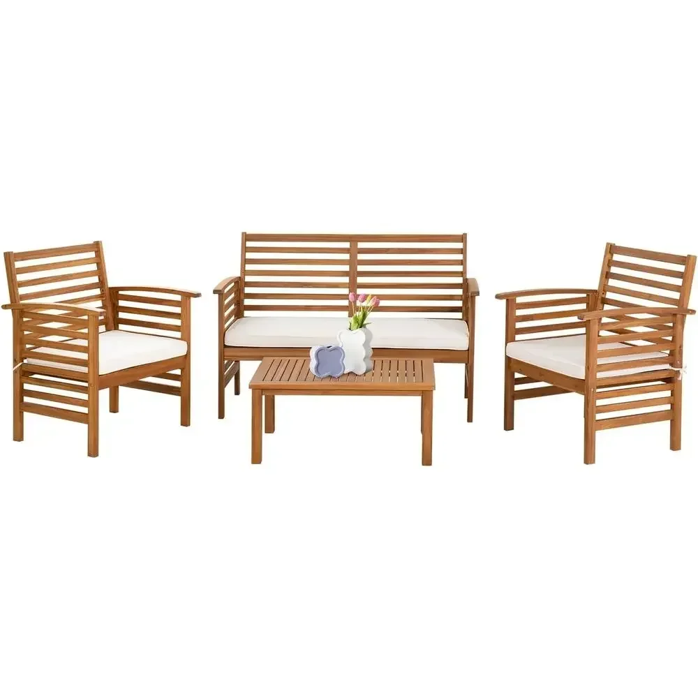 Natural Acacia Wood Patio Sofa Set with Thick Cushions - Easy Assembly, Sturdy Design