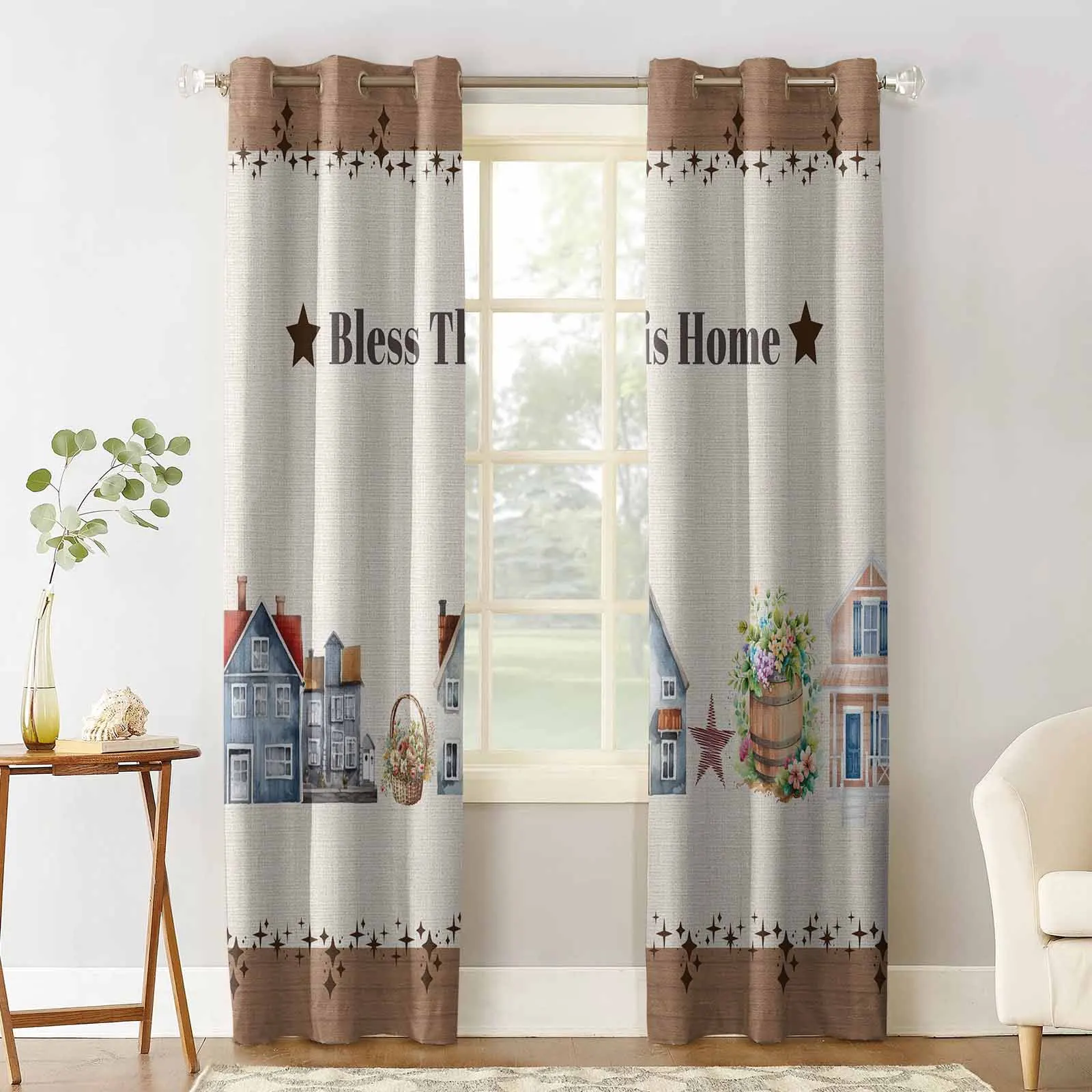 Watercolor House Stars Wood Grain Window Curtains for Living Room Kitchen Curtain Bedroom Decorative Window Treatments