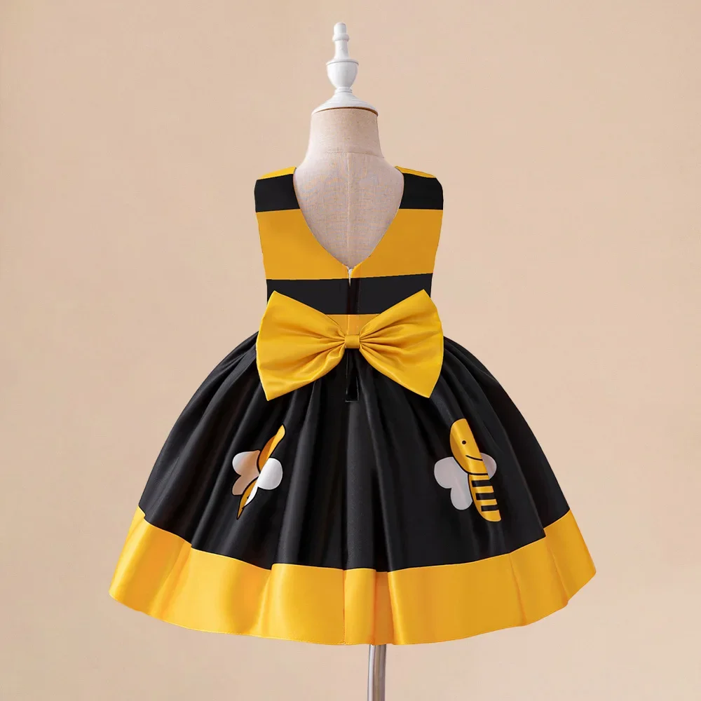 Cute Baby Honeybee Summer Tutu Dress For Girl Toddler Yellow Bee Line Costume Kids Bow Daily Holiday Clothes Infant Party Wear