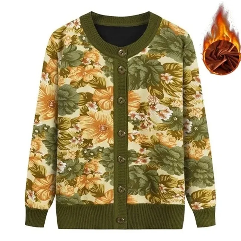 Middle Aged Mother Knitting Cardigan Autumn Winter Female Long Sleeves Velvet Sweater Tops 2025 Ladies Round Neck Knitted Jacket