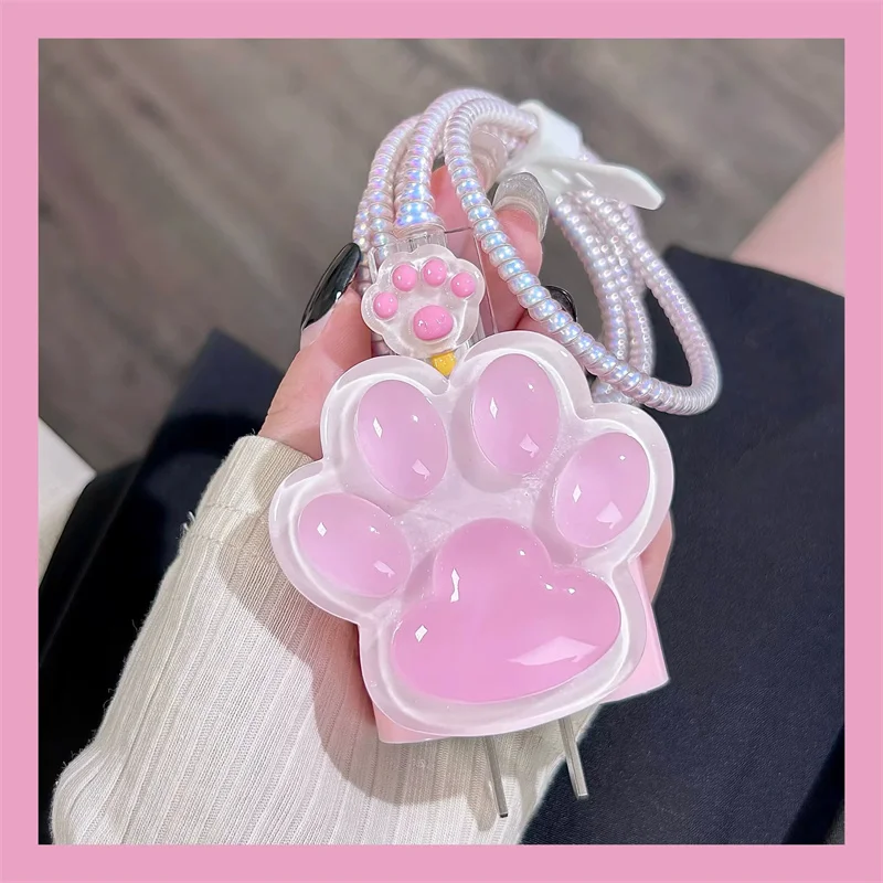 Pink Cute Big Cat Paw Transparent Silicone Charger Case For IPhone 12 13 14 18W-20W Fast Charge Protection Cover Charger Sleeve