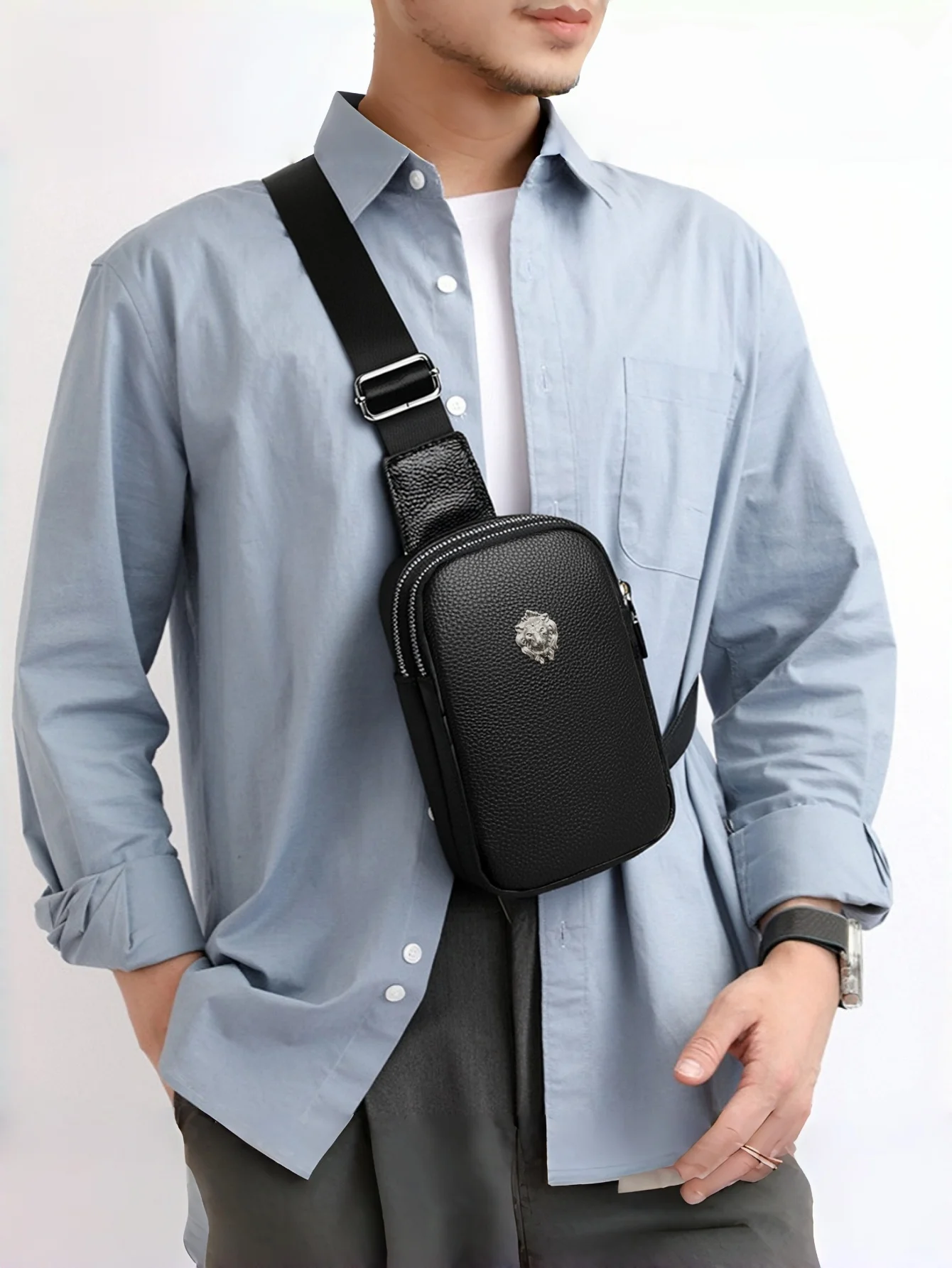 Men Genuine Cowhide Leather Sling Chest Bag, Double Zipper Small Crossbody Shoulder Bag