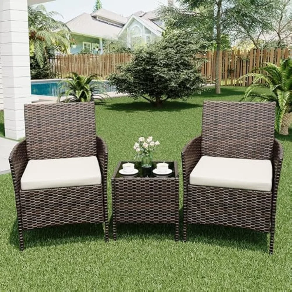 

3 Piece Patio Furniture Set, Outdoor Patio Wicker Sofa Set with Upholstery and Glass Storage Coffee Table, All Weather Conversat