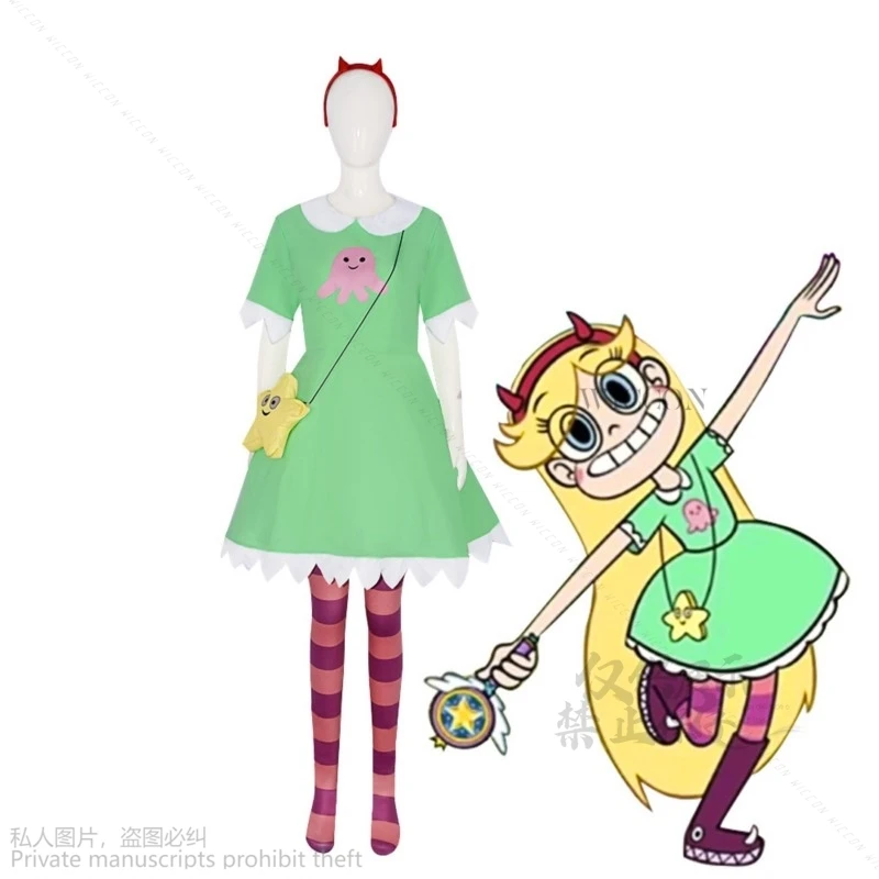 Anime Star Lolita The Forces Cartoon Of Evil Cosplay Star Butterfly Green Dress Red Headwear Socks Halloween Fancy Costume Cos