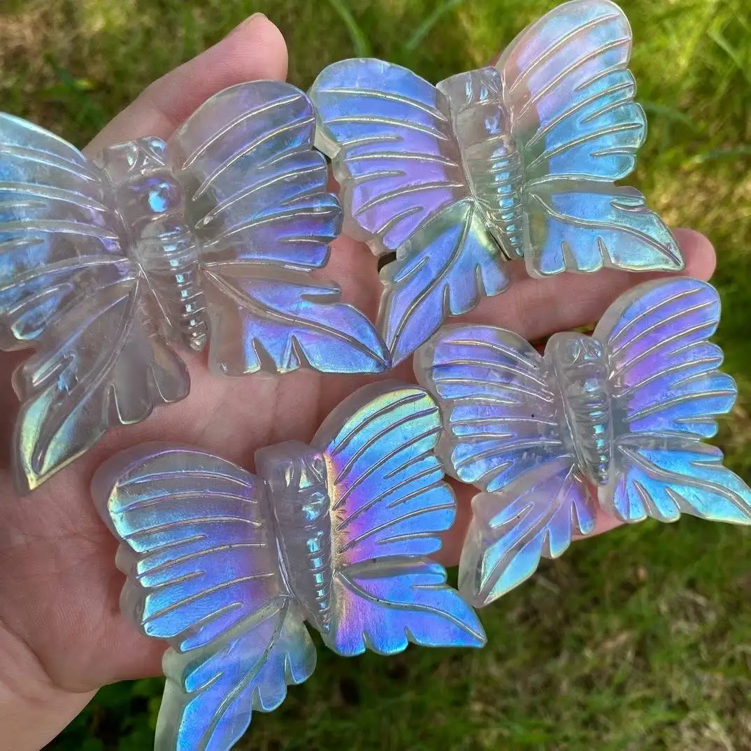6.5cm Natural Fluorite Crystal Quartz Carving Butterfly Angel Aura Electroplated Mineral Stones Aesthetic Craft Room Decorations