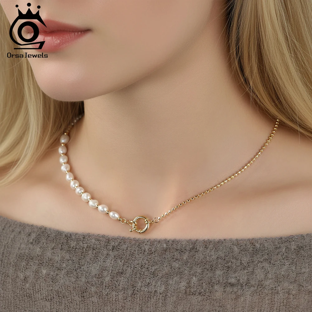 

ORSA JEWELS Dainty S925 Silver Beads Choker Necklaces with Natural Freshwater Pearl for Women Dainty Beads Chain Jewelry GPN93