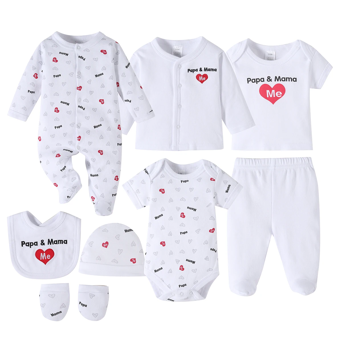 This 8pcs Soft Spring And Summer Set Is Suitable For Boys' And Girls' Clothing And Accessories With Heart Letters And Floral Patterns, Including Trousers, Hats, Bibs, Socks, Pants, Jackets And Tops, And Is Ideal For Outdoor Home Wear
