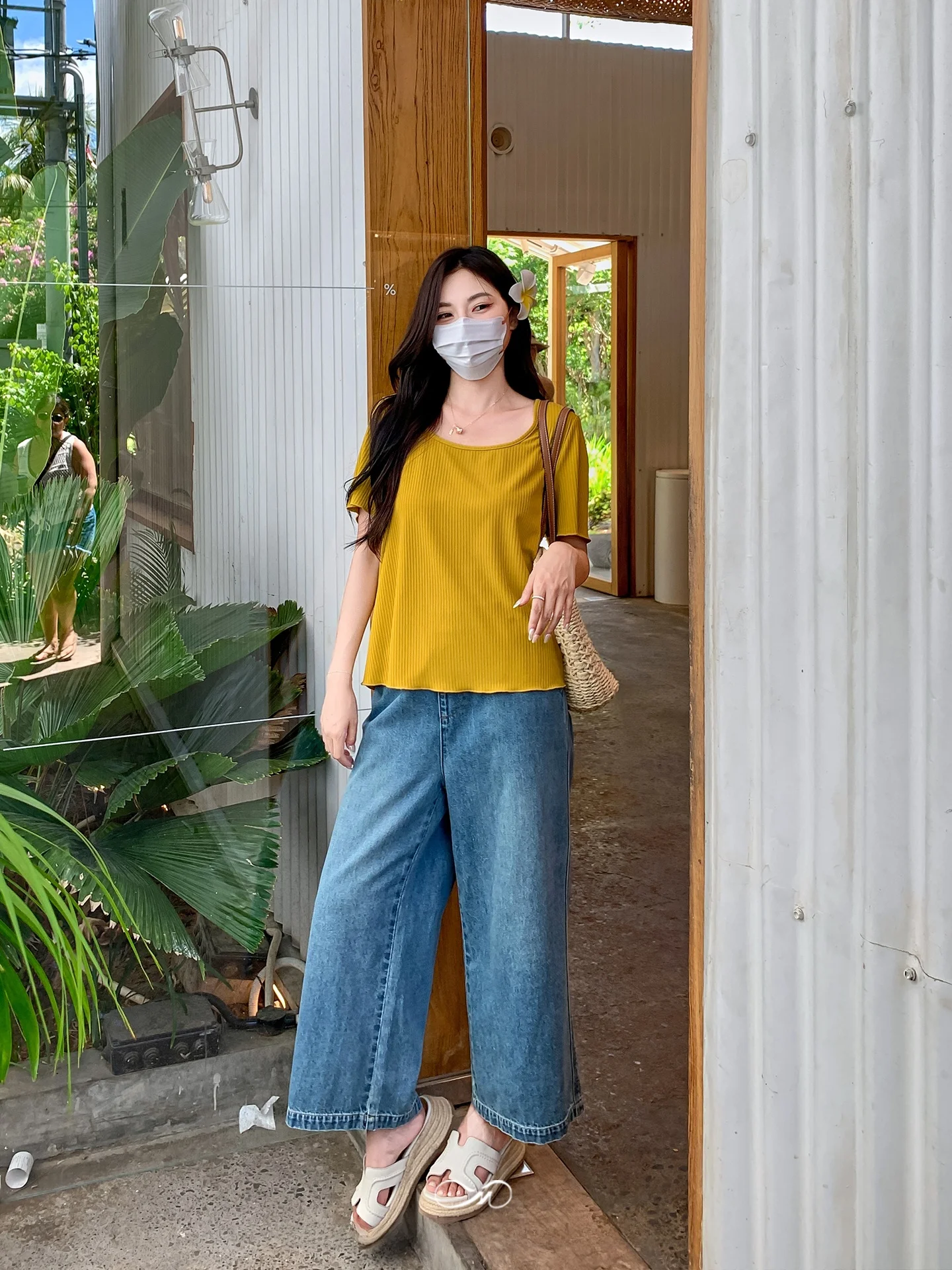 Maxisi プラスサイズの女性のルーズフィットハイウエストコットンジーンズワイドレッグナインピースカジュアルパンツ夏痩身ストレートレッグパンツ