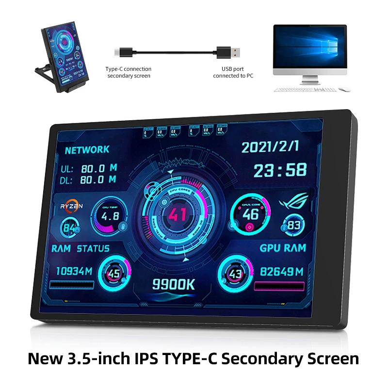 3.5 Inch IPS Type-C Secondary Screen CPU GPU RAM HDD Mini Monitor Display Optional Type C Base/Bracket No Use AIDA64